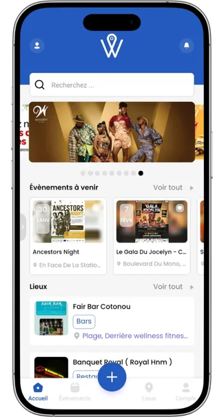 L’accueil de l’application Wakabi : la recherche, les évènements à venir et les lieux